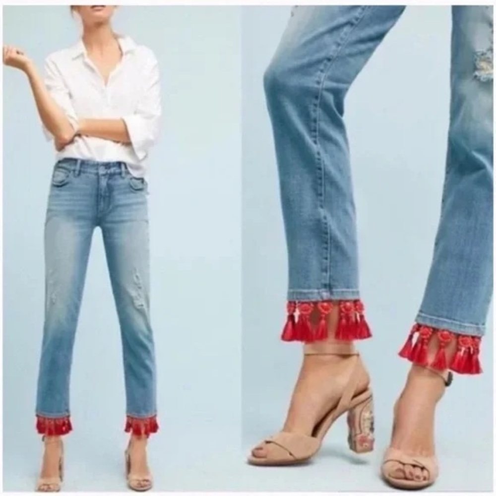 Women’s Anthropologie Light Blue Boyfriend Jeans with Red Tassel Hem Sz 30